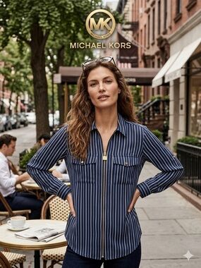 MICHAEL Michael Kors Navy and White Striped Button-Up Shirt
